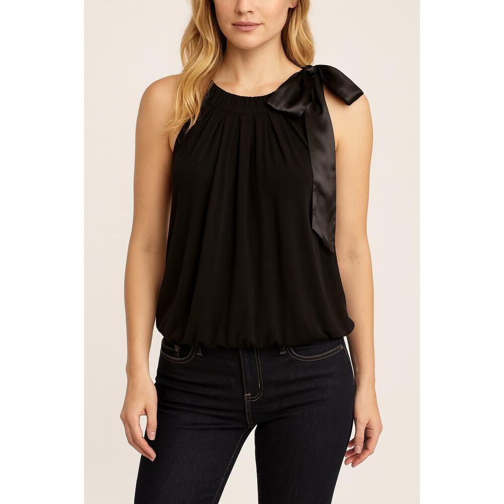 Black 100% Silk Knit Bubble Hem Sleeveless Gathered Top Satin Bow Casual Office